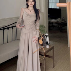 LIZAKOSHT  -  Lazy Casual Suit for Women  Spring Autumn New Long Sleeve Cardigan+ Irregular Camisole Vest+ High Waist Wide Leg Pants
