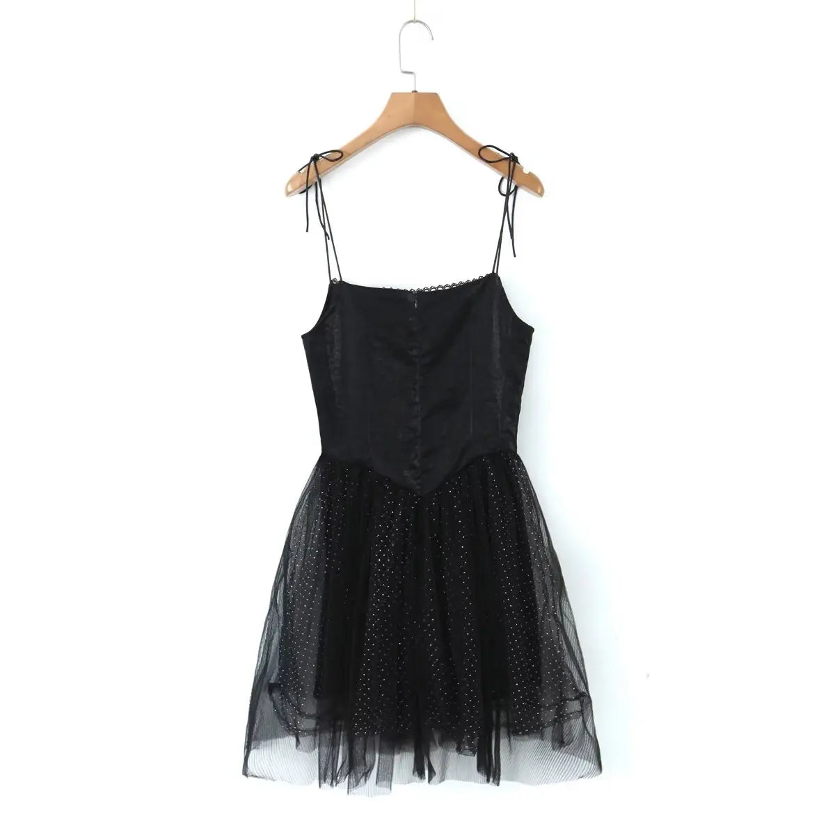 LIZAKOSHT  -  Slim Low Waist Party Skater Bow Lacing up Sling Robe Party Sexy Women Black Bling Spliced Mesh Bra Corset style Mini Dress