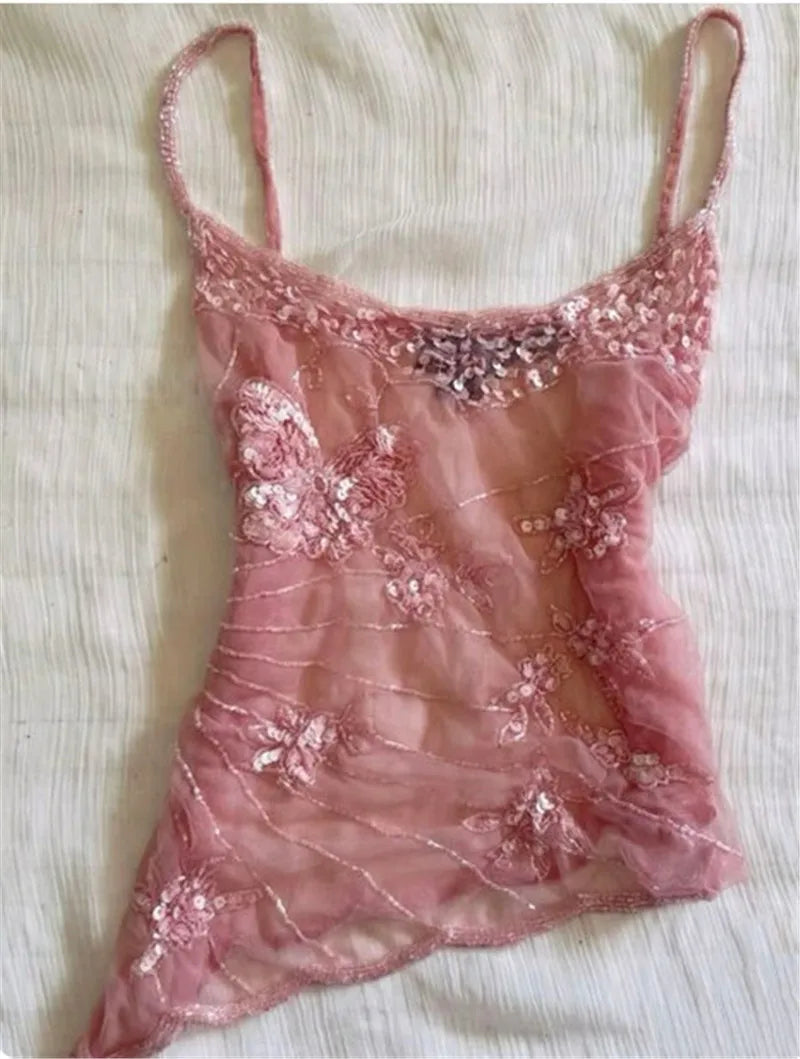 LIZAKOSHT  -  Y2K Sequin Butterfly Tops Women Sleeveless Spaghetti Strap Sheer See Through Camisole Party Clubwear Summer Date Night Outfits