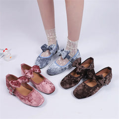 LIZAKOSHT  -  Size 42 flannel Sweet Lolita Mary Janes Shoes Comfy Sole Big Bow Tie Pink Flats Shoes Women