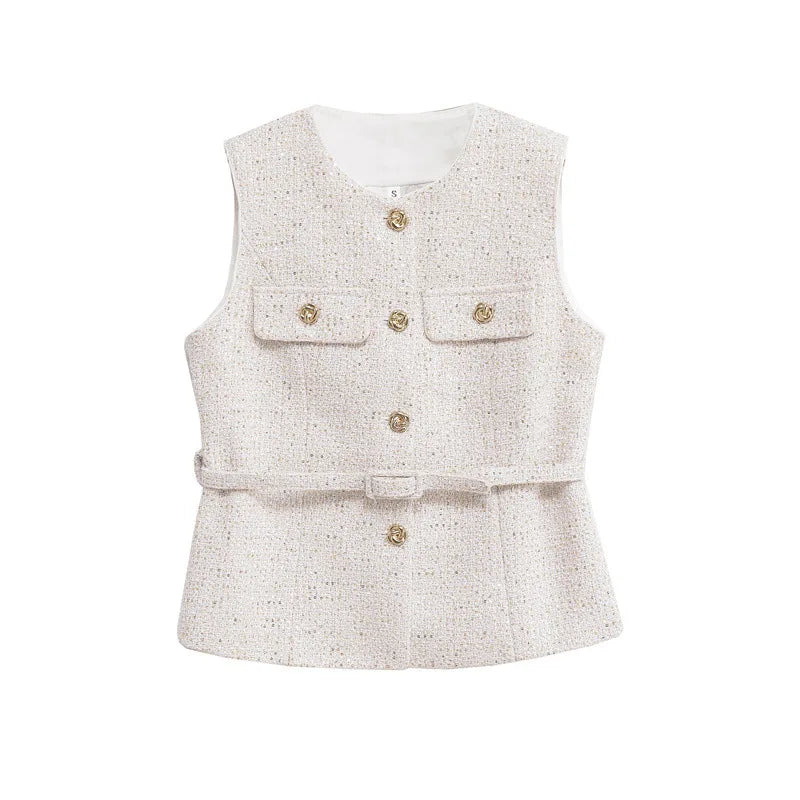 LIZAKOSHT  -  Autumn Belt Sleeveless Vest Shirt Women O Neck Patchwork Gold Button Cardigan Tops 2025 Street Elegant Casual Tank Top