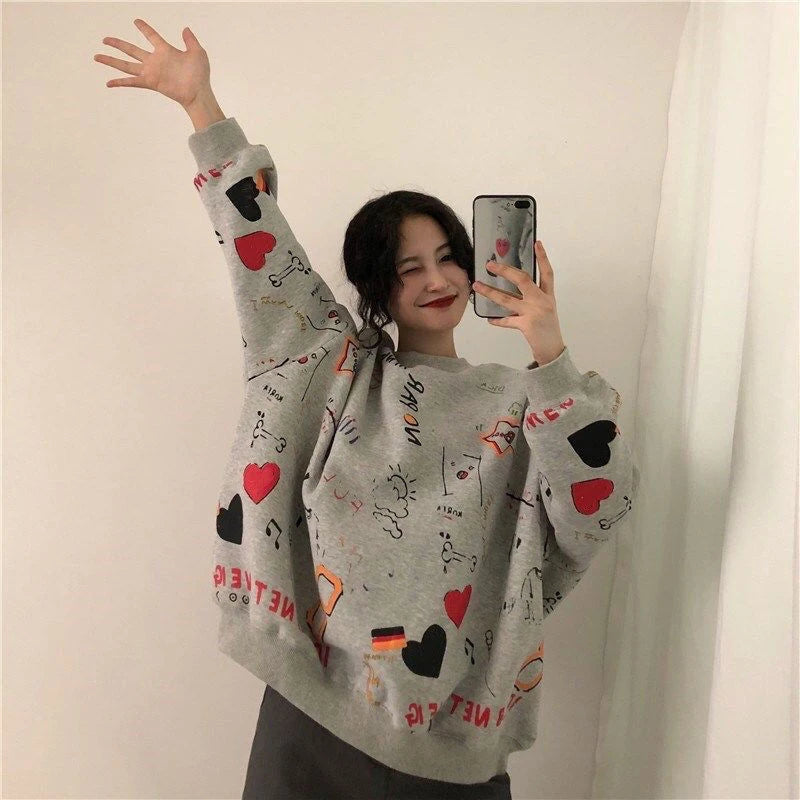 LIZAKOSHT  -  Harajuku Graffiti Women Sweatshirts Fall Winter Thick Vintage Sweet Preppy Pullovers Korean Loose Casual Print Long Sleeve Tops