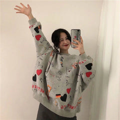 LIZAKOSHT  -  Harajuku Graffiti Women Sweatshirts Fall Winter Thick Vintage Sweet Preppy Pullovers Korean Loose Casual Print Long Sleeve Tops