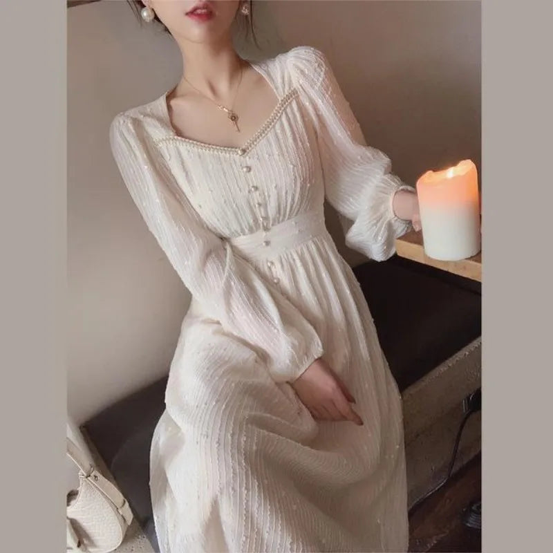 LIZAKOSHT  -  Women French Style Vintage Beaded Fairy Elegant Party Dresses Autumn Fashion Square Collar Long Sleeve Slim Midi Dress Vestidos