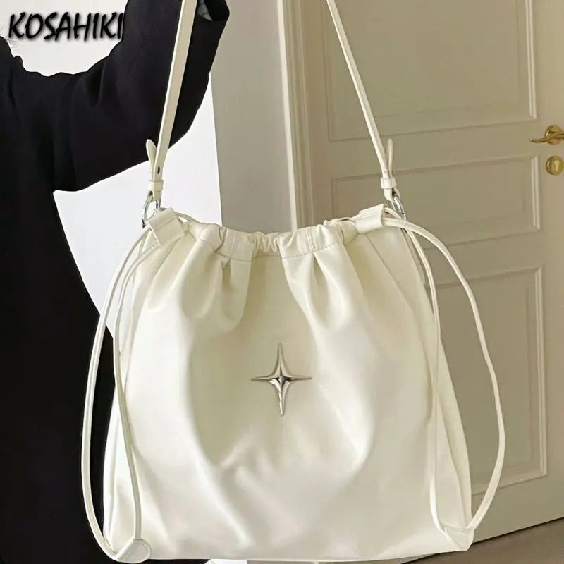 LIZAKOSHT  -  Cross High-capacity Drawstring Shoulder Bags Grunge Simple All Match Women's Handbags Japanese Fashion Trendy Casual Tote