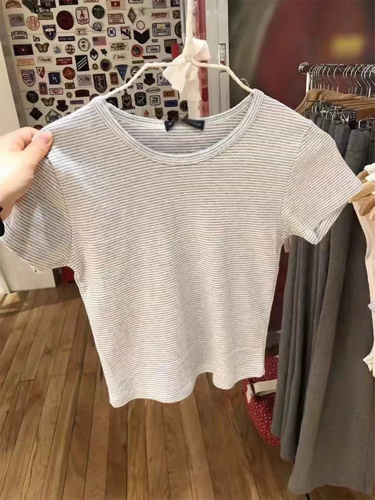 LIZAKOSHT  -  Pink Striped Slim T-shirts Woman Summer Round Neck Short Sleeve Tee Shirts Female Sweet Cute Preppy Style Cotton Tshirt Y2k Tops
