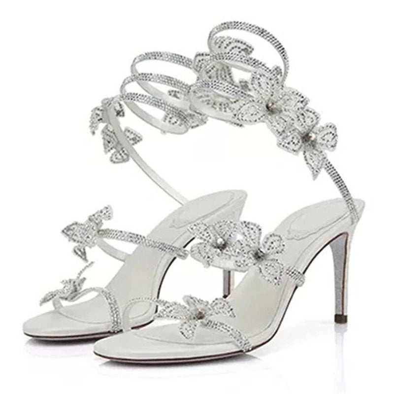 LIZAKOSHT  -  Sexy CRYSTAL Flower Thin High Heels Women Sandals Street Style Narrow Band Ankle Strap Pole Dancing Ladies Shoes