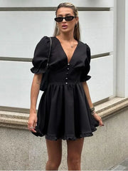 LIZAKOSHT  -  Deep V-neck Puff Sleeve Mini Dress Women Sexy High Waist Patchwork Button Fashion Slim Black A-line Club Party Dress