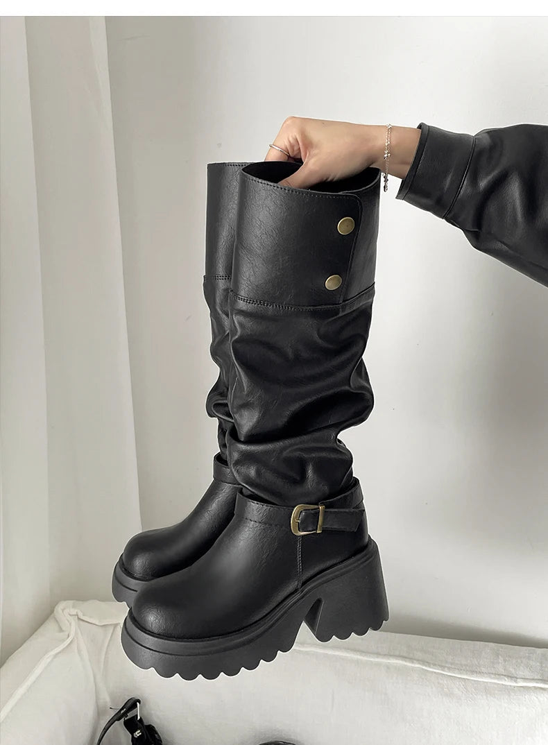 LIZAKOSHT  -  Winter Punk Style Woman Platform Knight Boots Fashion Belt Buckle Shoes Ladies Concise Height Increase Long Booties