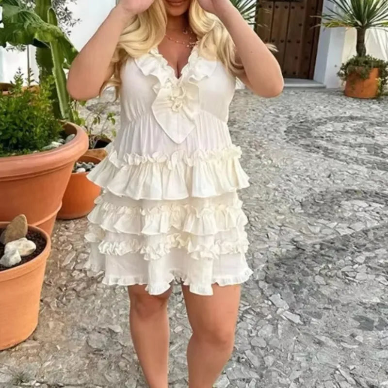LIZAKOSHT  -  Elegant Layered Ruffle Dress Women 2025 New Summer Loose Sexy V-neck Sleeveless A-line Mini Dresses Vacation Party Evening Dress