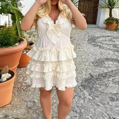 LIZAKOSHT  -  Elegant Layered Ruffle Dress Women 2025 New Summer Loose Sexy V-neck Sleeveless A-line Mini Dresses Vacation Party Evening Dress