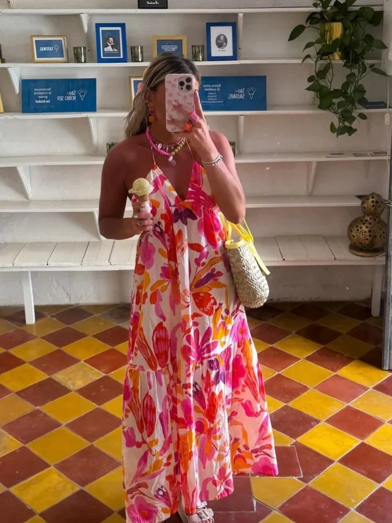 LIZAKOSHT  -  Holiday Vintage Beach Dress  Fashion Women Printed Tie-Up Waist Slim Dress Women Backless Long Dress Vestidos Summer New