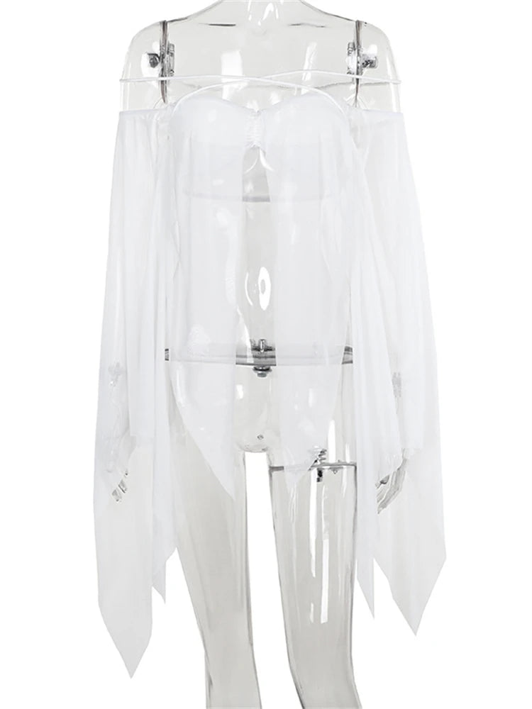 LIZAKOSHT  -  Summer White Sexy See Through Chiffon Tops Concert Party For Woman 2024 Long Sleeve Off Shoulder Irregular Chic Crop Top