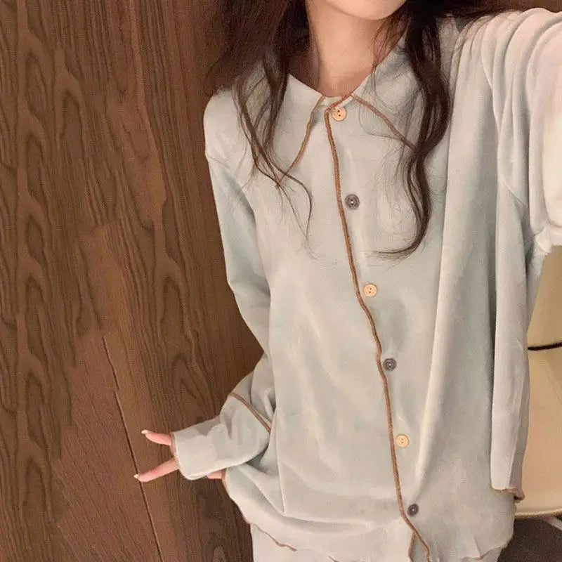 LIZAKOSHT  -  Women Autumn Winter Thick Warm Homewear Nightie Leisure Patchwork Coral Velvet Pant Cardigan Suit Korean Comfortable Pajama Sets