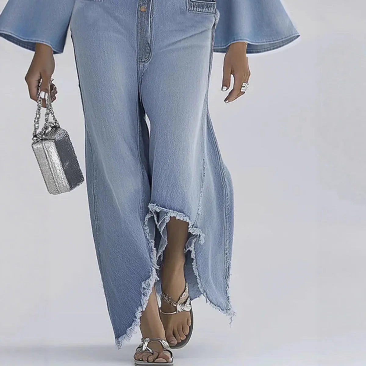 LIZAKOSHT  -  American Style Fashionable Simple Denim Jumpsuit Autumn Women Flares Sleeve Single-breasted Straight Overall Female Streetwear