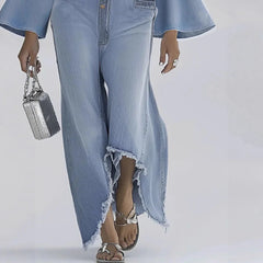 LIZAKOSHT  -  American Style Fashionable Simple Denim Jumpsuit Autumn Women Flares Sleeve Single-breasted Straight Overall Female Streetwear