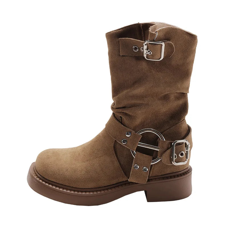 LIZAKOSHT  -  Vintage Low Heel Women Ankle Boots Fashion Belt Buckle Shoes Autumn Winter Short Booties Zapatos De Mujer