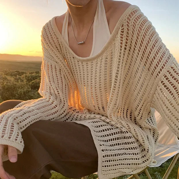 LIZAKOSHT  -  Outer Cover for Women 2024 Spring Summer Thin Long Lazy Air Conditioning Sweater Premium Top Long Sleeve Hollow Knitted Sweater