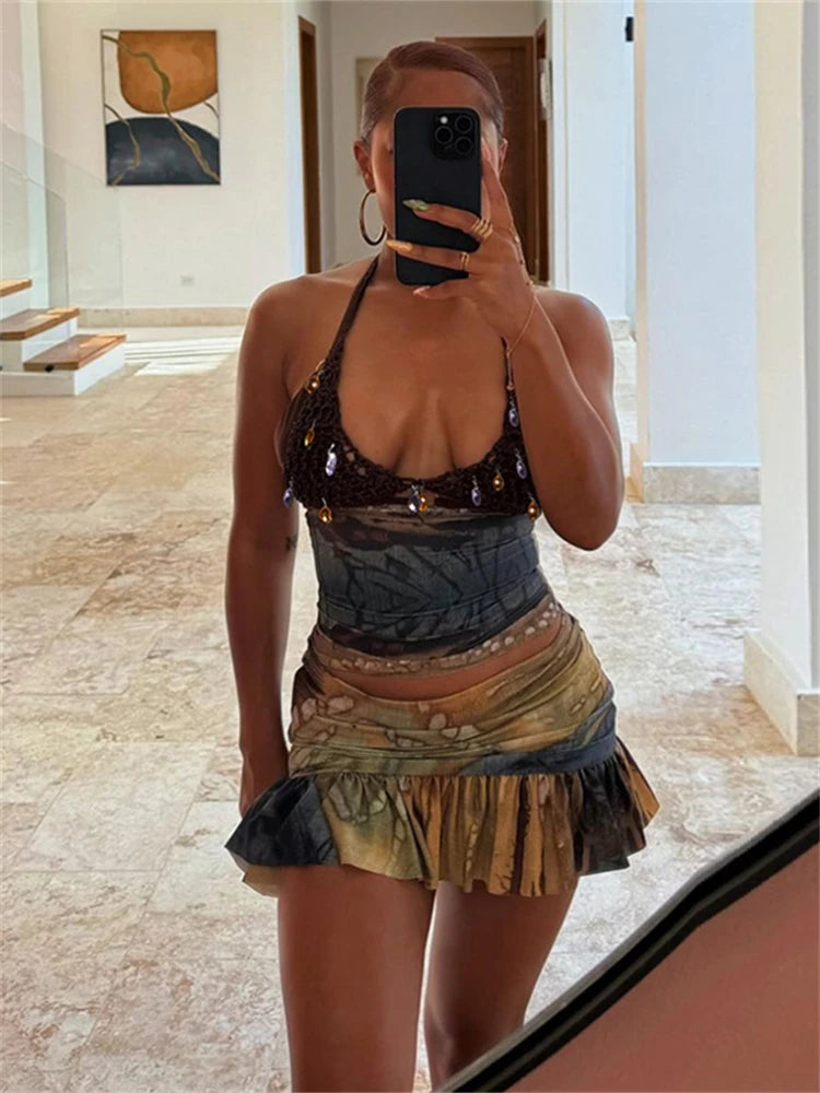 LIZAKOSHT  -  Summer Y2K Vintage 2 Piece Set Vacation Beach Outfits For Women 2024 Rhinestone Knit Patchwork Halter Backless Skirt Set