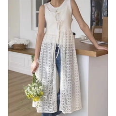 LIZAKOSHT  -  Korean Jacquard Hollow Lace-up Sexy Sling Dress Women 2024 Summer New Streetwear Solid Color All Match Mid-length Dress