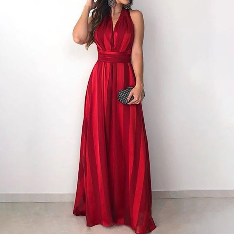 LIZAKOSHT  -  Red Dress New Spring Summer Fashion Striped Bandage V-Neck Sleeveless Sexy Evening Party Dresses Clothes For Women