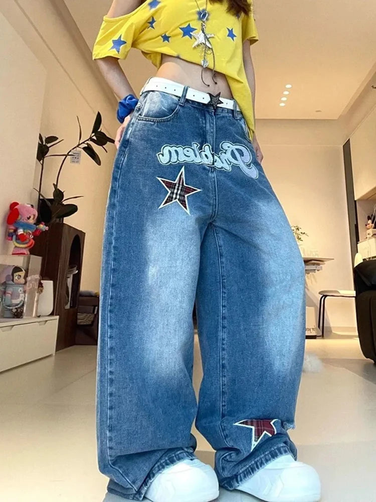 LIZAKOSHT  -  Streetwear Wide Leg Jeans Women Letter Star Print Vintage Harajuku Scimitar Trouser Loose Casual High Waist Patchwork Pants New