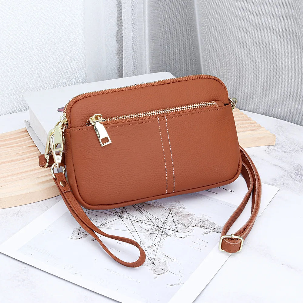 LIZAKOSHT  -  Genuine Leather women Shoulder Bag Small ladies Wristlet Bag Zip Money Coin Holder Purse Cowhide Multifunction phone wallet bols