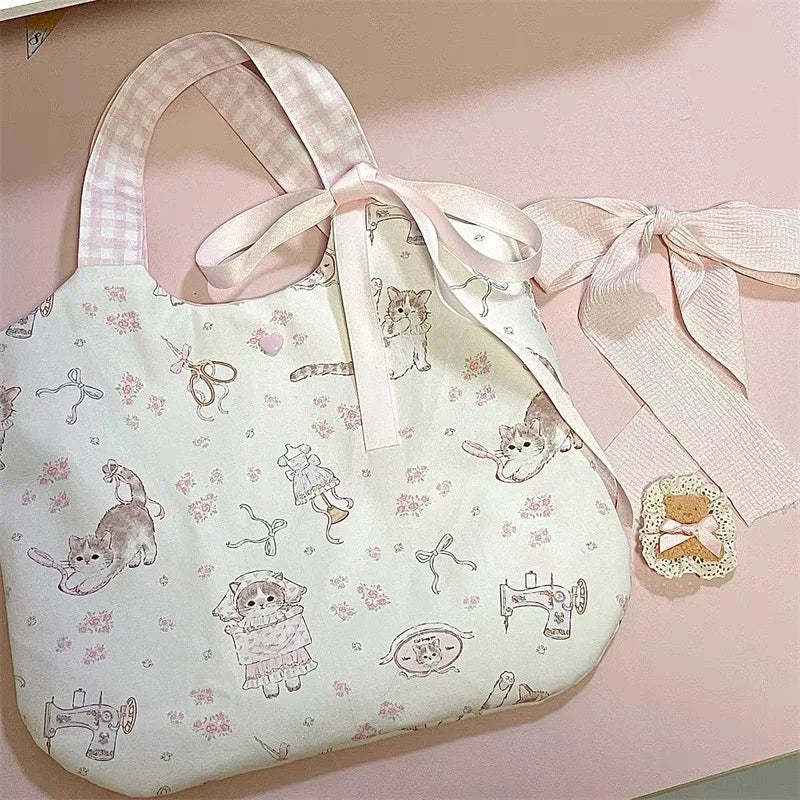 LIZAKOSHT  -  Sweet Cat Floral Print Student Handbag Lovely Girl Tote Bag Large Capacity Big Square Shoulder Bag Handbags