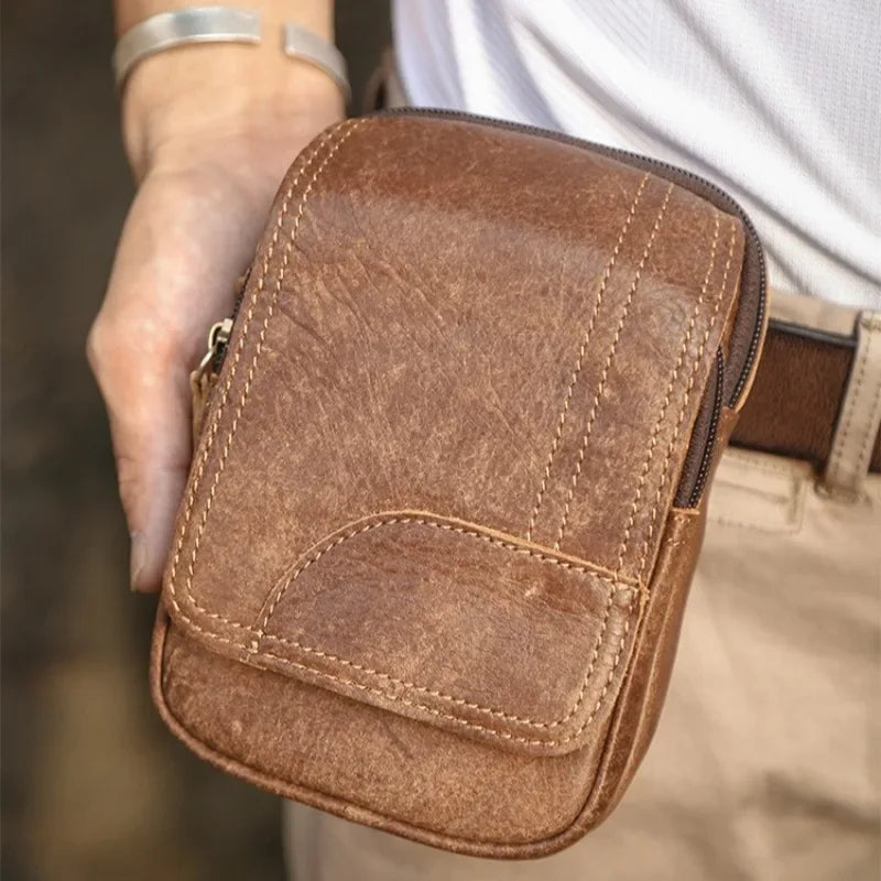 LIZAKOSHT  -  Vintage Genuine Leather Cowhide Waist Packs Men Multi Pockets Purse Zipper Belt Pouch for Outdoor Hanging Phone Bags