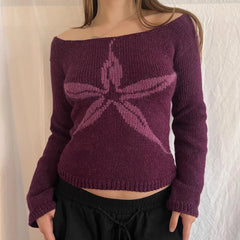 LIZAKOSHT  -  Women Y2K Vintage Off Shoulder Sweater Slim Fit Aesthetic Graphic Print Long Sleeve Knitweare Tops Vintage Streetwear