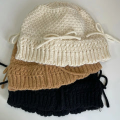 Lizakosht Ins Bow Decoration Cute Women's Hats Autumn and Winter Korean Version Casual Versatile Solid Color Warm Knitted Bucket Caps