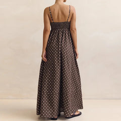 LIZAKOSHT  -  Women Vintage Maxi Dress Dot Print Sleeveless Spaghetti Strap A Line Dress with Pockets Elegant Backless Long Dress