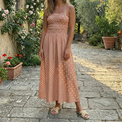 LIZAKOSHT  -  Women Polka Dot Print Dress Shirred Sleeveless Spaghetti Strap Maxi Dress Beach Vacation Party Night Cocktail Dress