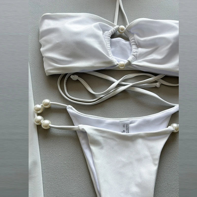 LIZAKOSHT  -  Female High Slit Wrap Skirts Sexy Bikini Set Solid Color Halter Slim Bathing Suit Beachwear 3 Piece Bikini Women Swimsuit