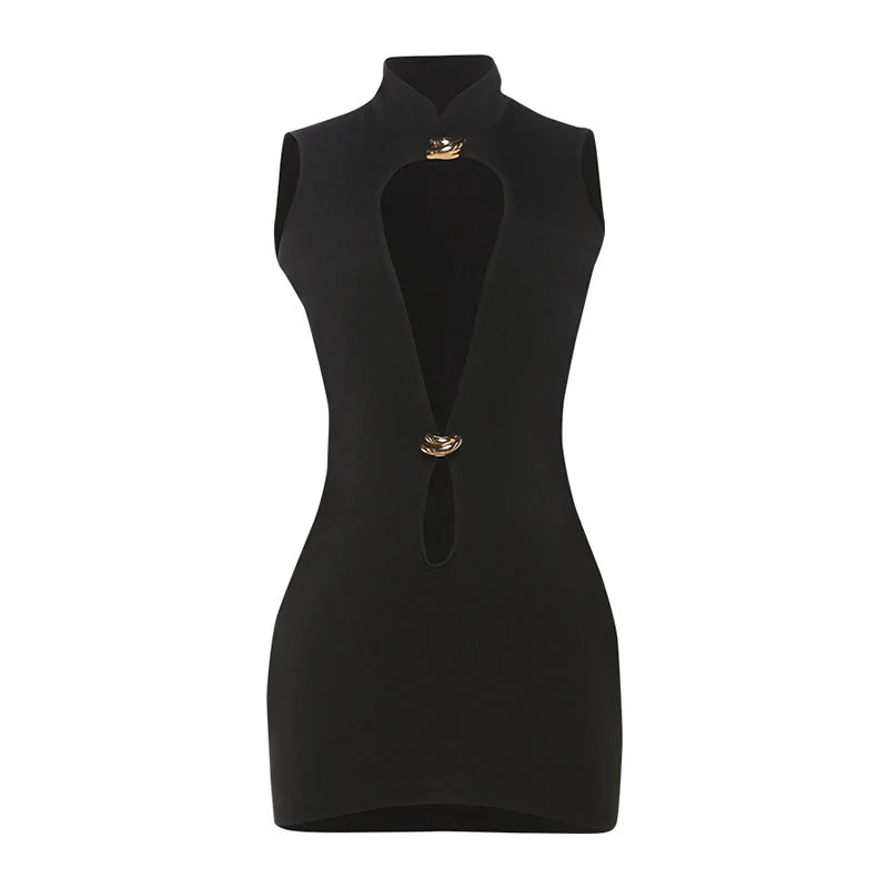 LIZAKOSHT  -  Fashion Metal Decoration Hollow Out Skinny Short Dress High Street Women Slim Sleeveless Stand Collar High Waisted Vestidos