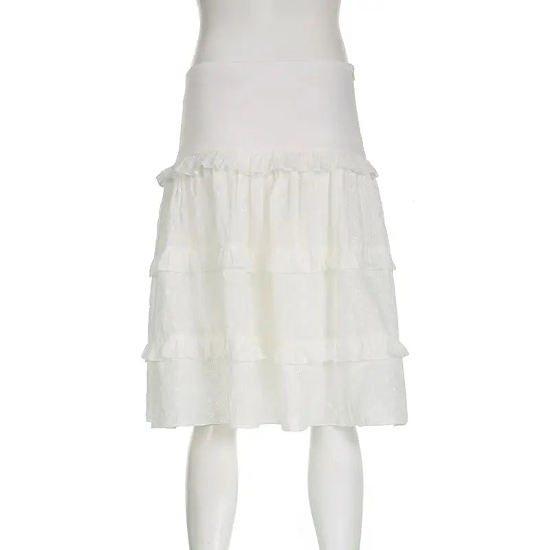 LIZAKOSHT  -  Skirts Jacquard Ruffle Tie Up Long Skirt White A-Line Skirts Casual Chic Elegant High Waist Holiday Party New