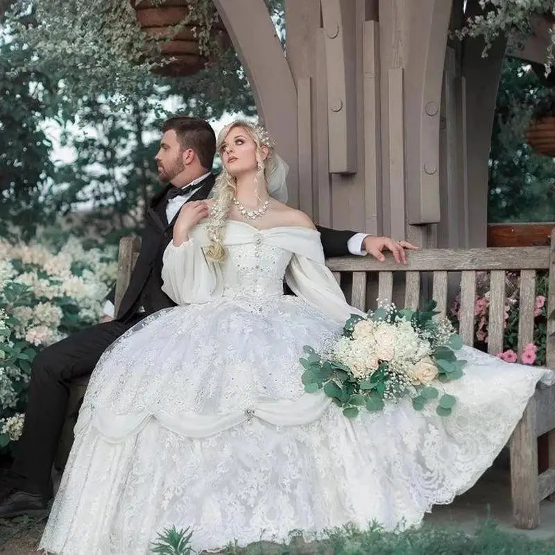 LIZAKOSHT  -  Vintage Medieval Wedding Gowns White Lace Off the Shoulder Long Sleeve Civile Bridal Gown Tiere Princess Victorian Robe de Marie