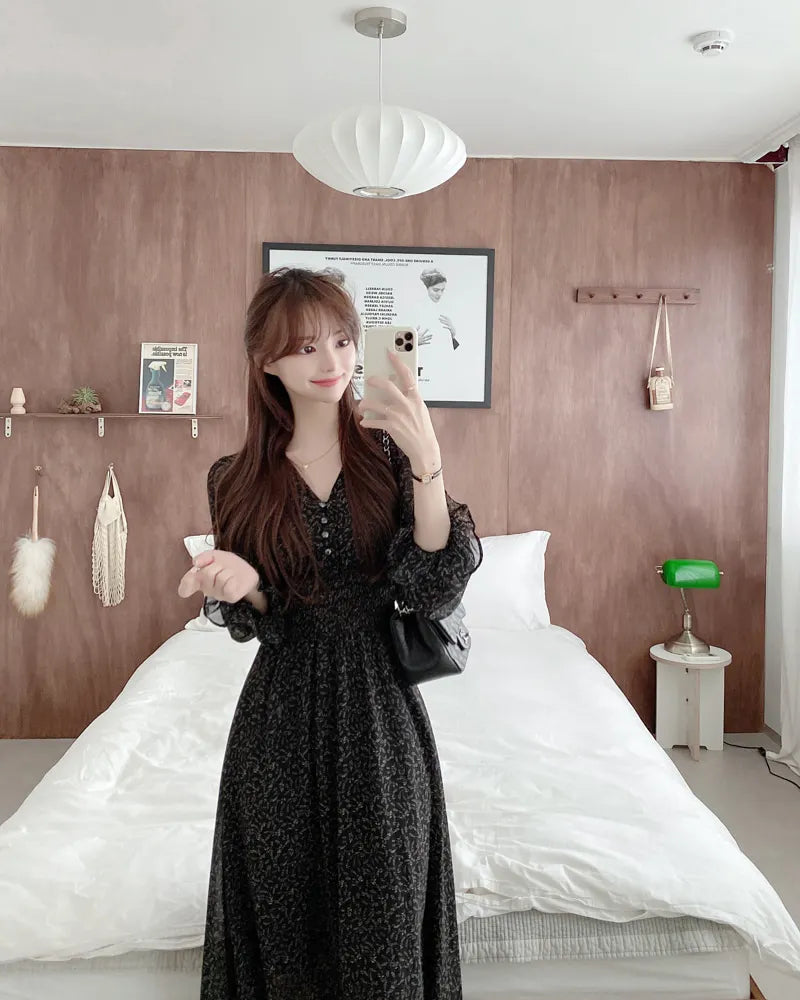 LIZAKOSHT  -  Korean Floral Print Midi Dresses for Women Summer New Pleated Slim Waist V-neck Long Sleeves Chiffon Sweet Female Clothing