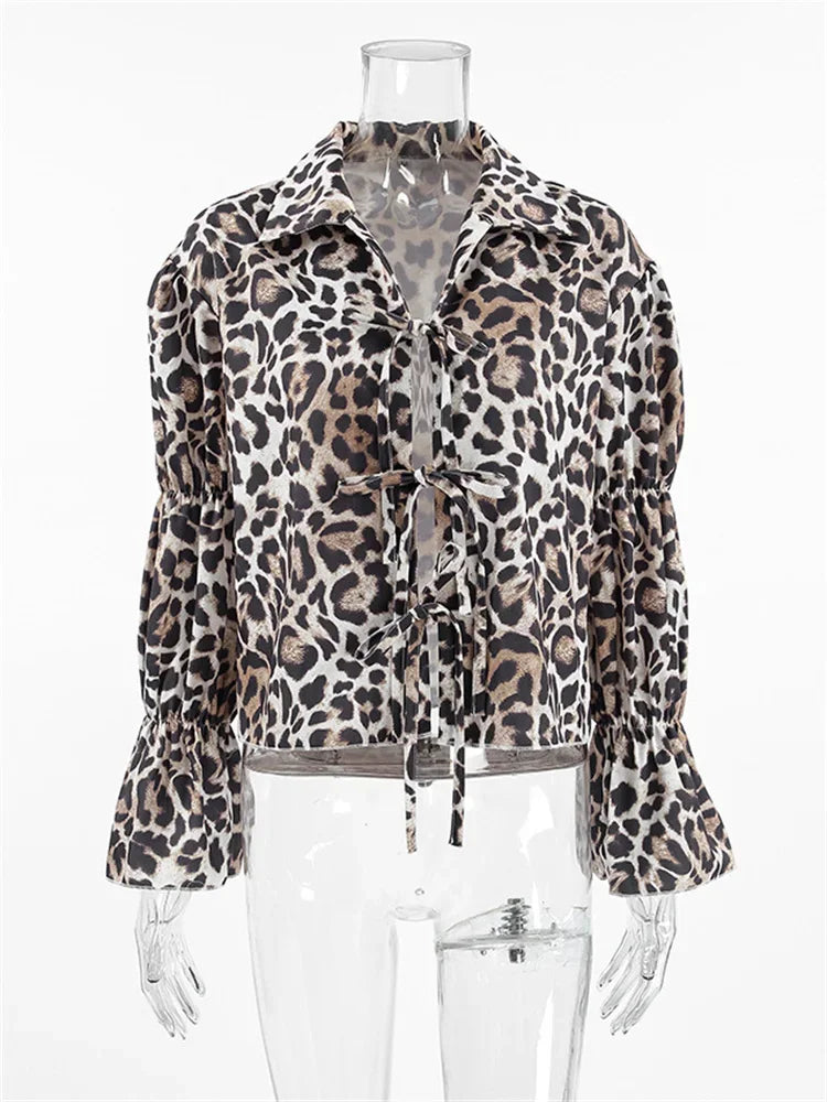 LIZAKOSHT  -  Leopard Fashion Lace-Up T-shirt Women's Printed Sexy Lapel Hollow Out Bandage Hollow Out Top For Women Patchwork Tee Top