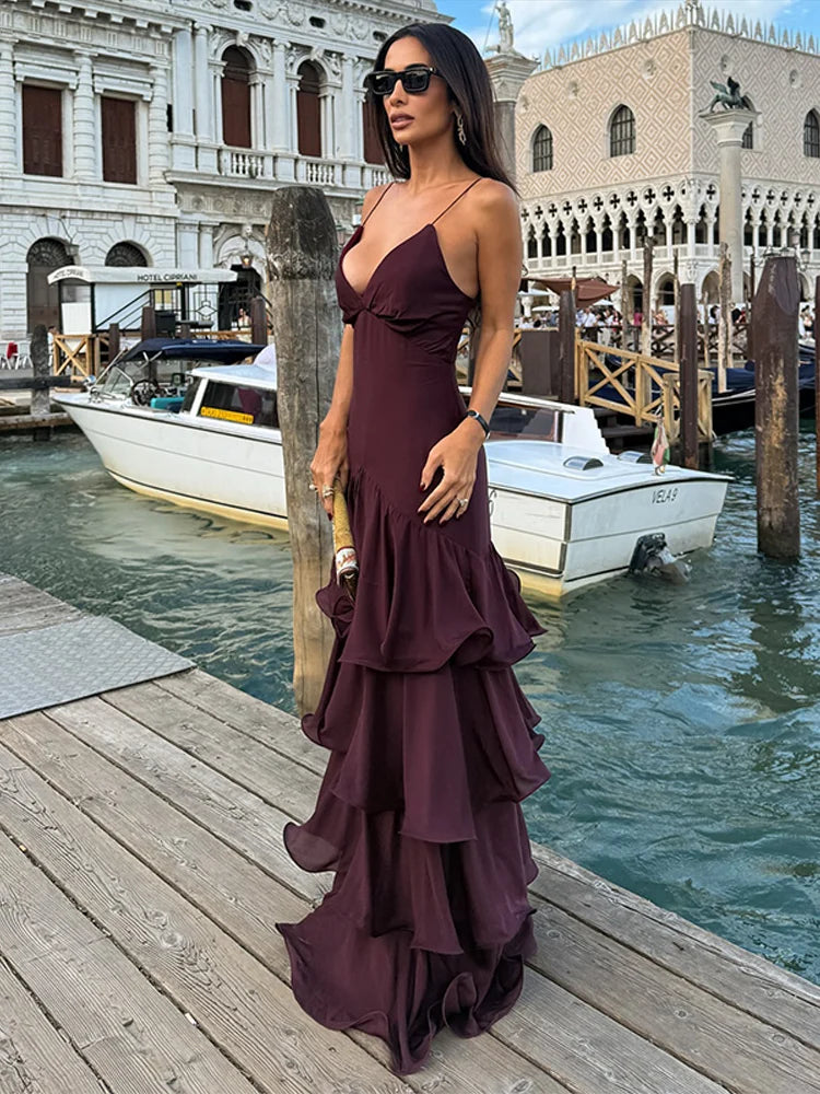 LIZAKOSHT  -  Sexy Solid Ruffles Sling Dress Women Sleeveless Backless Empire V-neck Long Party Dresses Female Spring Chic Lady A-line Robes