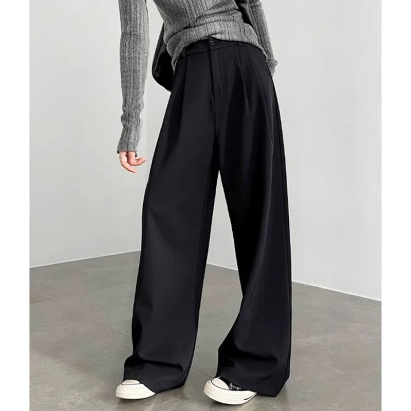 LIZAKOSHT  -  Korean White Wide Leg Pants Women Elegant Classic High Waist Casual Trousers Straight Cut Office Lady Commuter Suit Pants