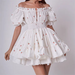 LIZAKOSHT  -  Princess Yellow Cherry Print Spliced Lace Corset Style Mini Dress Women Puff Sleeve Slim Waist Ruffle Hem Cake Party Robe