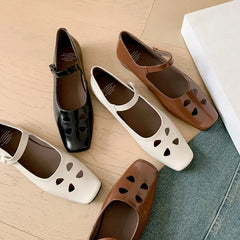 LIZAKOSHT  -  Fashion Women Shoes New High Quality True Leather Hollow Square Head Flat Bottom Mary Janes Shoes Daily Lightweight Shoes