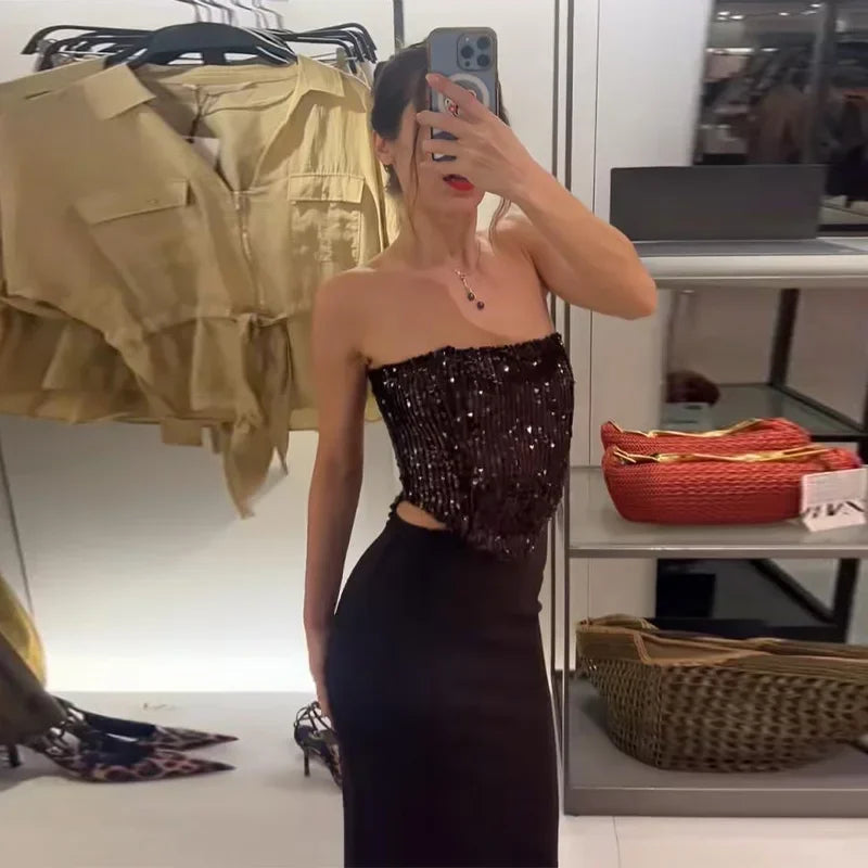 LIZAKOSHT  -  Sexy Sequin Patchwork Party Dress Brown Backless Sleeveless Tube Top Hollow Out Long Dresses 2025 Summer Solid High Street Robes