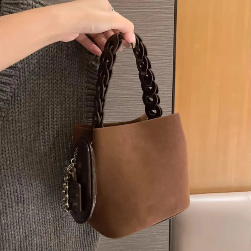 LIZAKOSHT  -  Retro Matte Bucket Handbag Women Suede Woven Handle Shoulder Bag Ladies Harajuku Everyday Casual Versatile Crossbody Bag