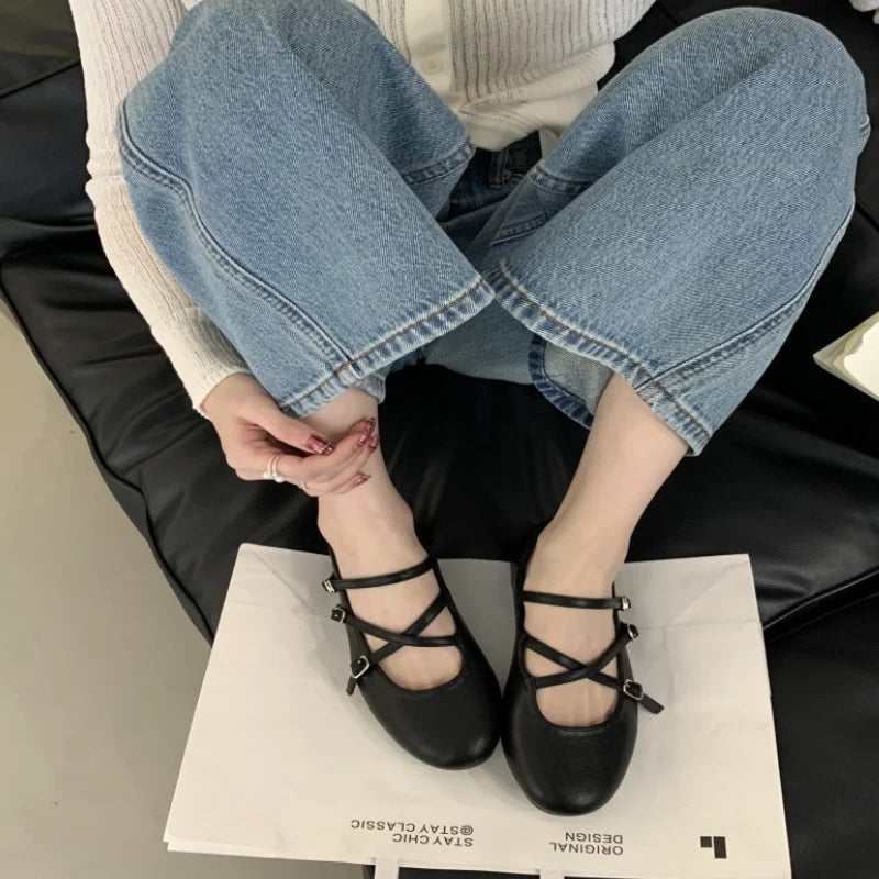 LIZAKOSHT  -  Spring New Women Mary Jane Flat Shoes Fashion Round Toe Slip On Footwear Ladies Elegant Cross Belt Ballet Shoes