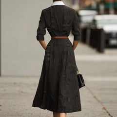 LIZAKOSHT  -  Women's Lapel Shirts Dress Retro Contrasting Hepburn Style Long Sleeves Stripe Dress Solid Casual Going Out A-Line Long Dress