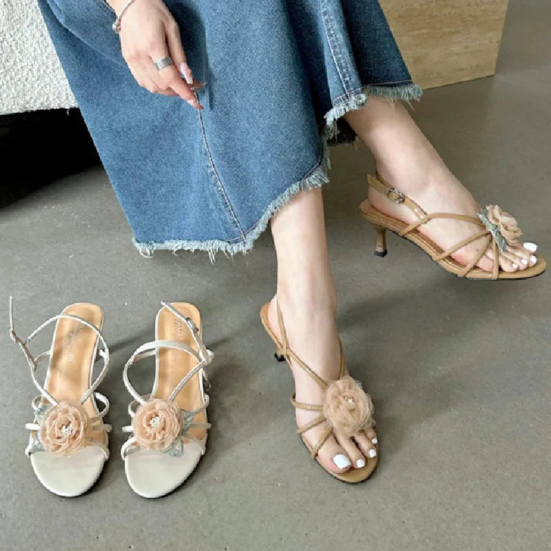 LIZAKOSHT  -  Floral Narrow Strap Designer Branded Sandals for Ladies Summer Open Toe Low Heeled Pumps Elegant Party Dress Buckle High Heels