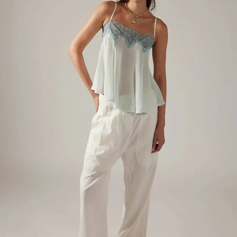 LIZAKOSHT  -  Summer Women Sleeveless Cami Top, Contrast Spliced Lace Edge Spaghetti Strap Tee for Daily Casual Wear