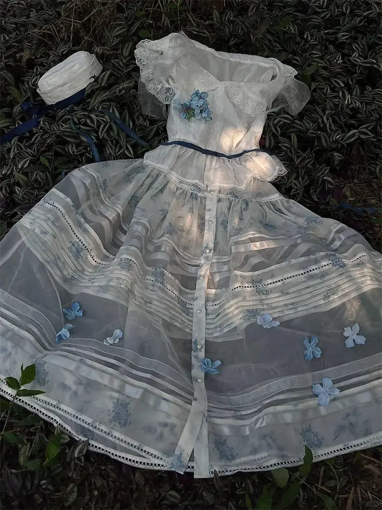 LIZAKOSHT  -  Elegant Sweet Floral Lace Patchwork Top for Women+ Y2k High Waist Blue Snowflake Skirts 2025 Summer New Two Piece Sets